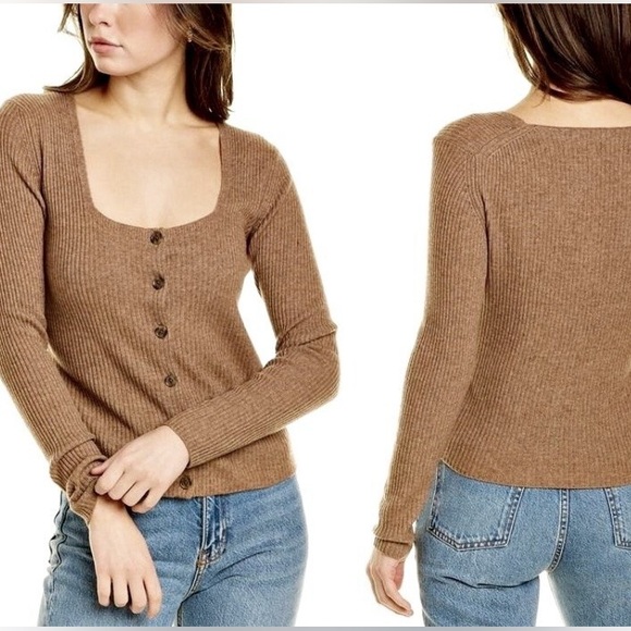 VINCE Lightweight Ribbed Wool-Cashmere-Blend Square Neck Cardigan Taupe size M - Picture 1 of 8